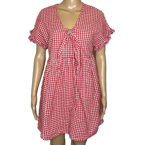 Women's 6 ASOS Red Gingham Plaid Tie Front Babydoll Dress - Picture 1 of 5